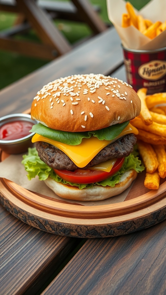 A classic hamburger with beef patty, cheese, lettuce, and tomato on a wooden plate with fries.